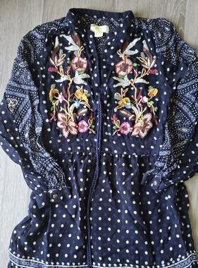 Anthro Maeve Cassidy Embroidered Polka Dot Midi Dress Boho Size 0 Garden Party